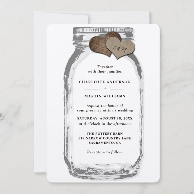 Invitation Kraft Mason Jar Rustic Country Burlap Mariage (Devant)