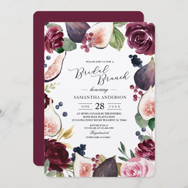 Invitation Kraft Moody & Rustic Burgundy Figs & Fleurs Cadre (Devant / Derrière)