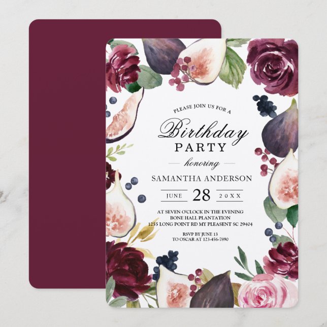 Invitation Kraft Moody & Rustic Burgundy Figs & Fleurs Cadre (Devant / Derrière)