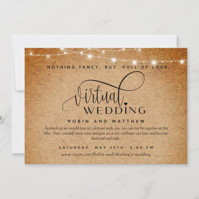 Invitation Kraft Paper and Lights, Mariage virtuel en ligne (Devant)