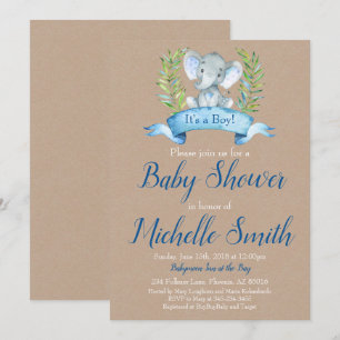 Invitation Kraft Rustic Boy Elephant Safari Boho Baby shower