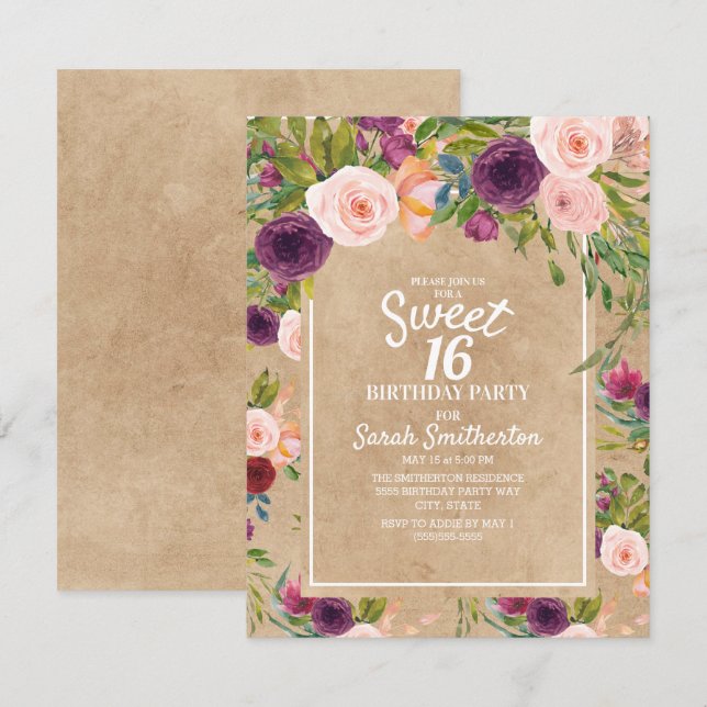 Invitation Kraft rustique boho prune blush floral Sweet 16 (Devant / Derrière)