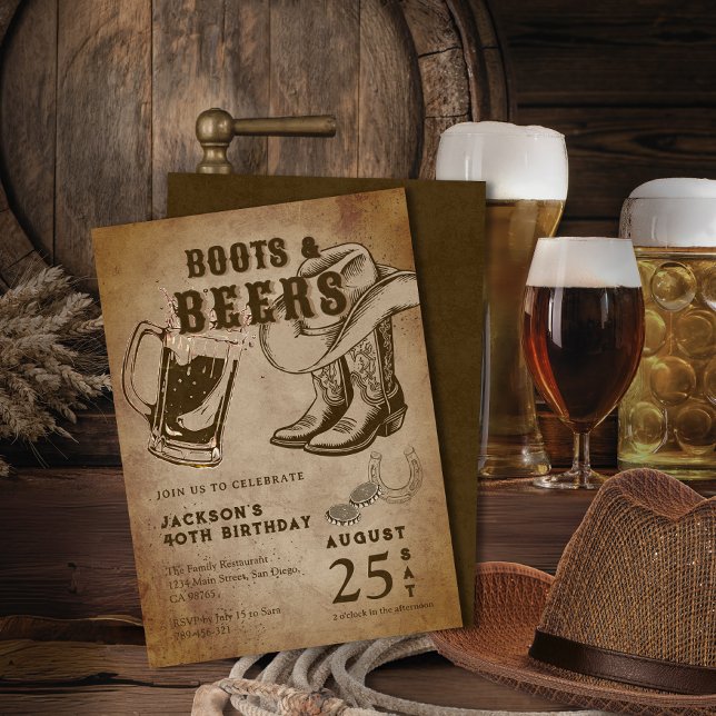 Invitation Kraft Sketch Western Cowboy Boots & Beers Annivers (Kraft Sketch Western Cowboy Boots & Beers Birthday Invitation)