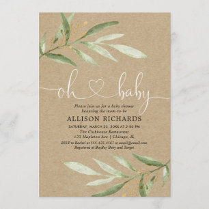 Invitation Kraft vert, baby shower rustique neutre pour les f