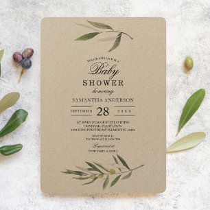 Invitation Kraft Watercolor Branche d'olive verte