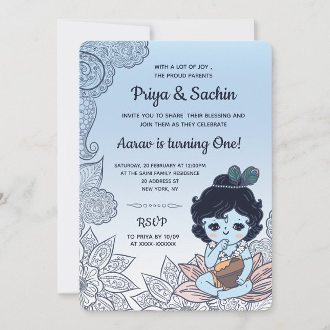 Invitation Krishna Hindu Style fête d'anniversaire (Devant)