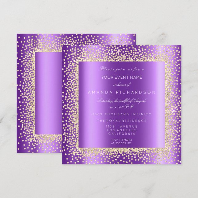 Invitation Krystal Champaigne Paillettes Confetti Violet2 (Devant / Derrière)