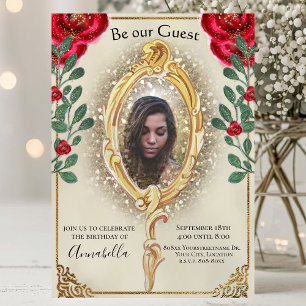 Invitation La beauté et la bête photo miroir et roses rouges