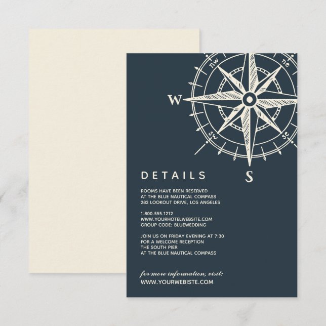 Invitation La boussole bleue | Détails de l'invité Mariage (Devant / Derrière)