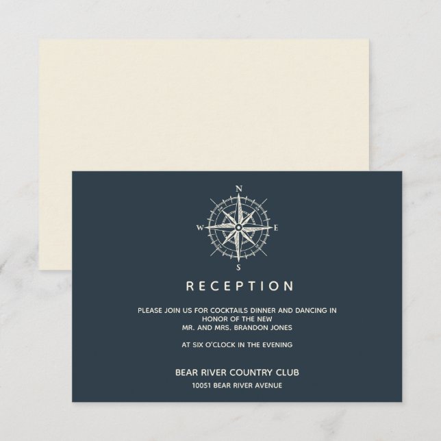 Invitation La boussole bleue | Salle De Réception De Mariage (Devant / Derrière)