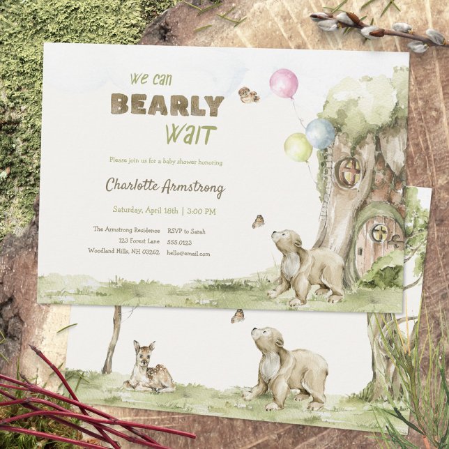Invitation La cabane perchée de l'ours de conte de fée Baby S (Storybook Treehouse Bearly Wait Baby Shower Invitation ©Susanne Sachers - Sunny Mind 🌞)