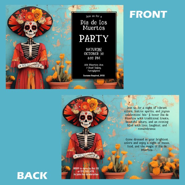 Invitation 💀 La Calavera en casquette avec fleurs (💀 La Calavera in hat with flowers Invitation)