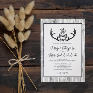 Invitation "La chasse est terminée" Rustic Wood Antler Mariag