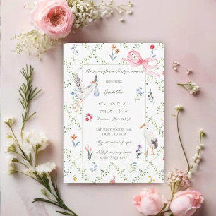 Invitation La cigogne à signature de rose et de ruban de fami