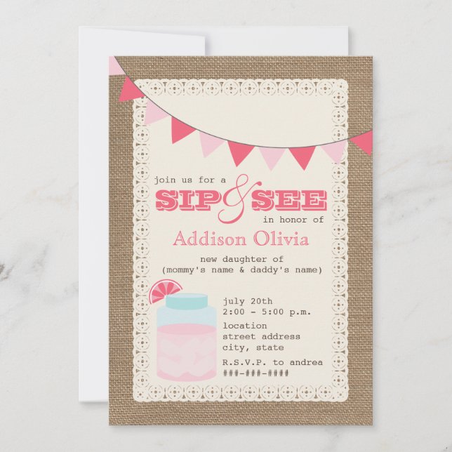 Invitation La citronnelle rose Burlap inspire Sip & See Baby  (Devant)
