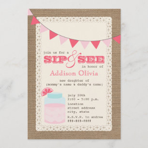 Invitation La citronnelle rose Burlap inspire Sip & See Baby