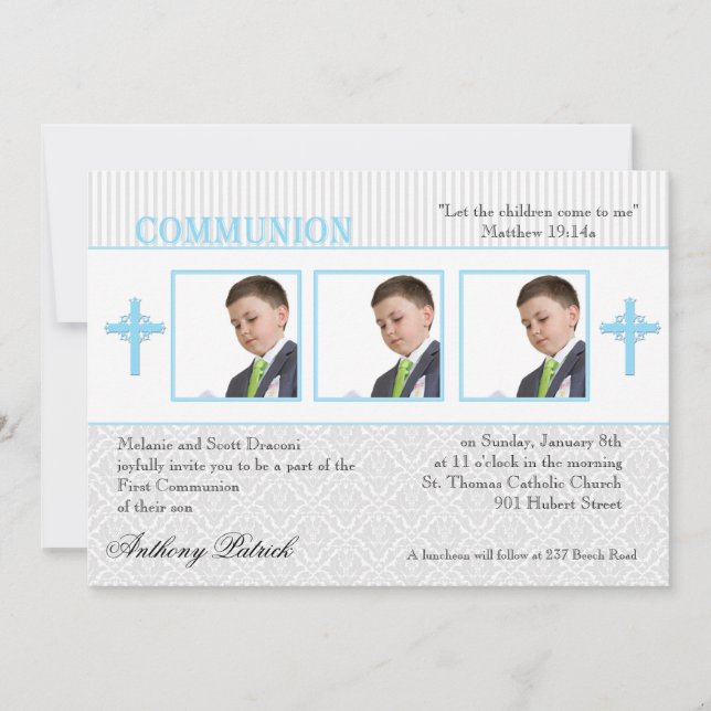Invitation La communion photo des Damas bleues et blanches (Devant)