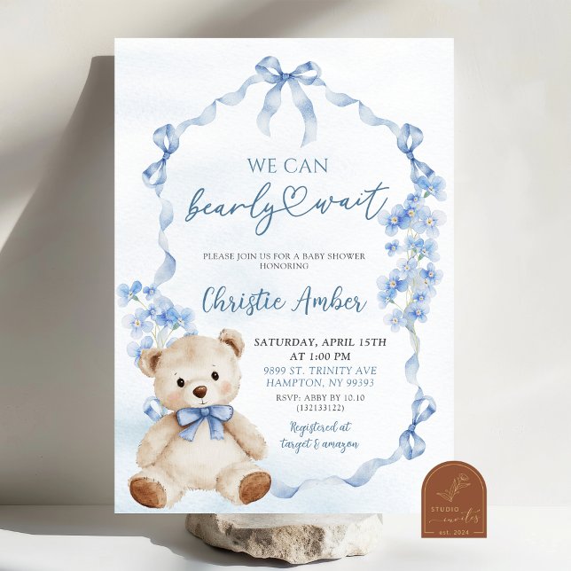 Invitation La coquette Bleu Bow peut attendre Baby shower (Créateur téléchargé)