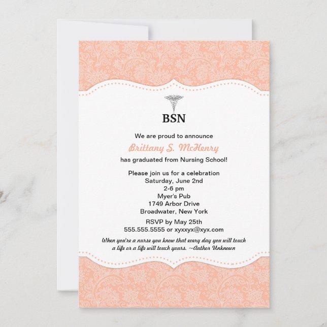 Invitation La damassé de corail BSN RN LPN d'obtention du (Devant)