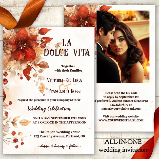 Invitation La Dolce Vita All-in-one Italienne Mariage rouge (La dolce vita all-in-one wedding invitation featuring watercolor flowers in Italian red and orange)