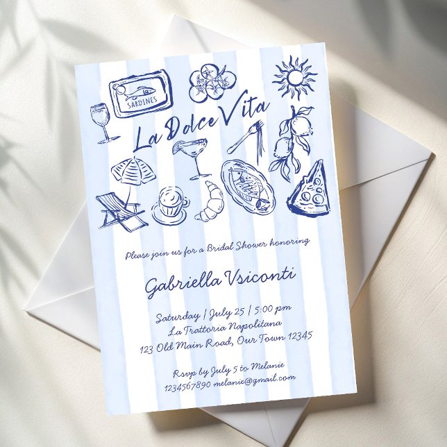 Invitation La dolce vita blue stripes Italian bridal shower (La dolce vita blue stripes Italian bridal shower Invitation cards template blue stripes hand drawn)