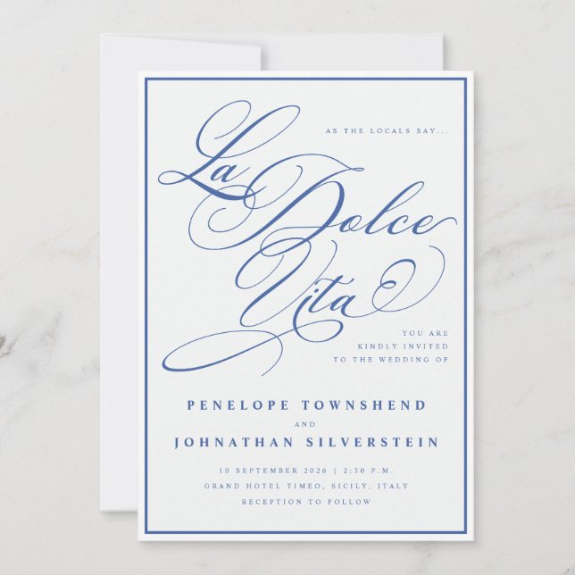 Invitation La Dolce Vita Calligraphie Bleu Blanc Mariage (Devant)