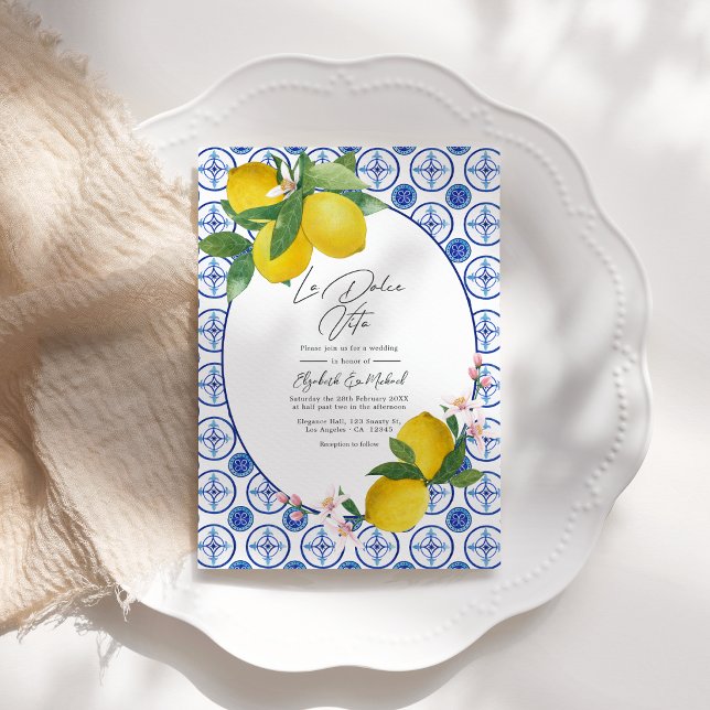 Invitation La Dolce Vita Carreaux de Citron Italiens Code QR  (La Dolce Vita Italian Lemon Tiles Wedding QR Code Invitation)