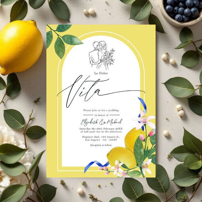 Invitation "La Dolce Vita" Citron et carreaux Mariage italien ("La Dolce Vita" Lemon and Tile Italian Wedding Invitation)