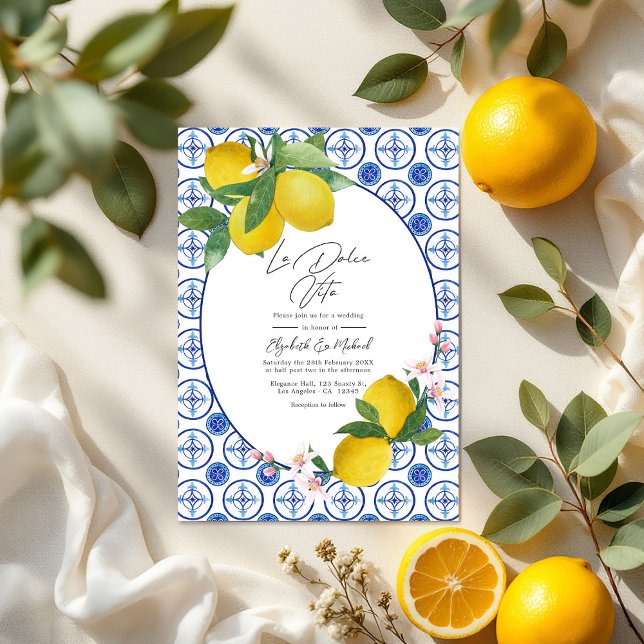 Invitation La Dolce Vita Italien Citron Carreaux Mariage QR C (La Dolce Vita Italian Lemon Tiles Wedding QR Code Invitation)