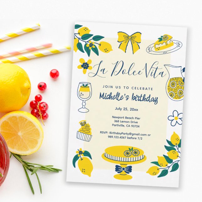 Invitation La Dolce Vita Jaune Doodles de Citron Fête d'anniv (Créateur téléchargé)