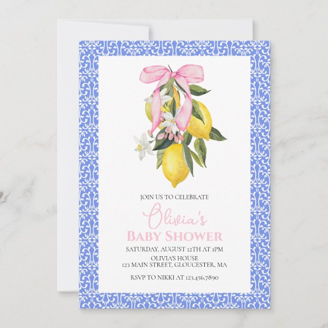Invitation La Dolce Vita Lemon Pink Bow Baby shower (Devant)