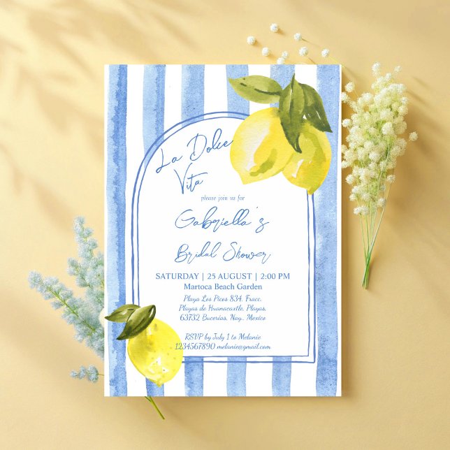 Invitation La Dolce Vita rayures bleues citrons douche nuptia (La Dolce Vita blue stripes lemons Italian bridal shower Invitation cards template)