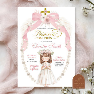 Invitation La Femme Rose Priant Espagnol Primera Comunion