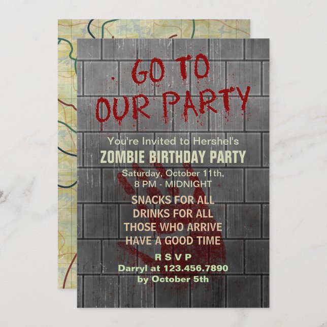Invitation La fête d'anniversaire de Zombie, mort d'Apocalyps (Devant / Derrière)