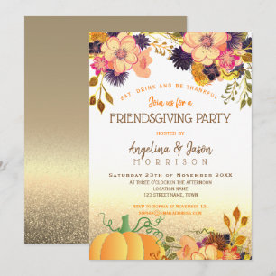 Invitation La fête de l'Amitié Thanksgiving Pink Gold Floral