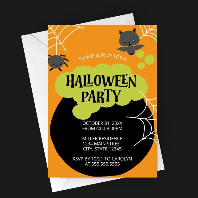 Invitation La fête d'Halloween de Cauldron Witch (Retro Witch's Cauldron Halloween Party Invitation with Cartoon Characters on Orange Background)