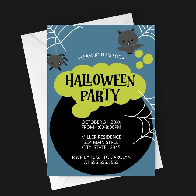 Invitation La fête d'Halloween de Cauldron Witch (Retro Witch's Cauldron Halloween Party Invitation with Cartoon Characters on Blue Background)