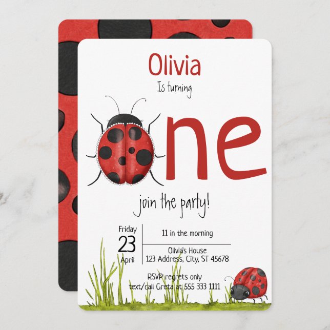 Invitation La Fille Ladybug qui tourne une fête d'anniversair (Devant / Derrière)