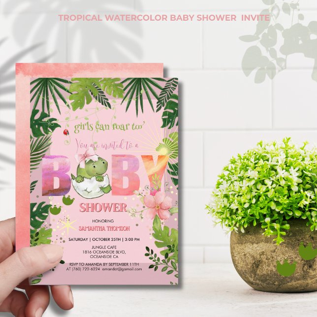 Invitation La Fille Peut Aussi Rôler ! Baby shower Dinosaur a (Girl Can Roar Too! Watercolor Dinosaur Baby Shower Invitation)