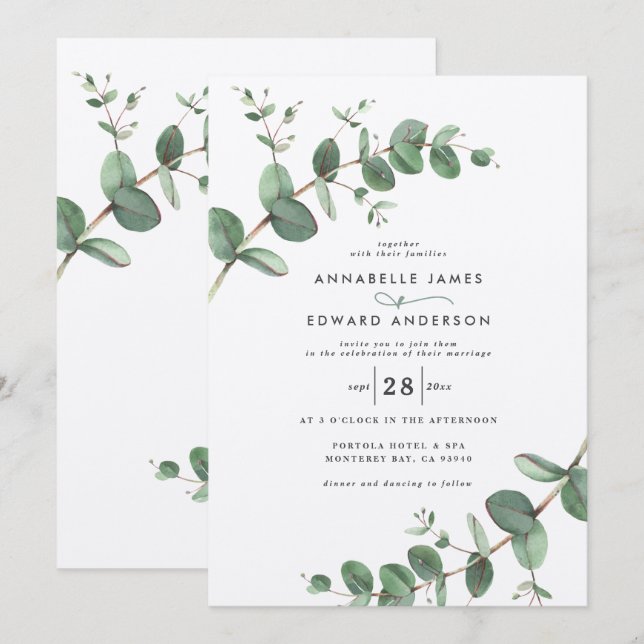 Invitation La force de Wedding greenery Eucalyptus botanical (Devant / Derrière)