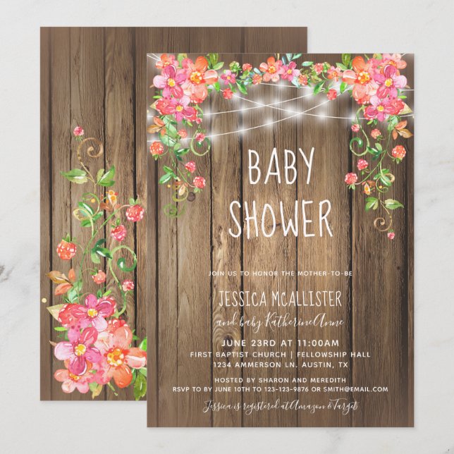 Invitation La grange en bois rustique illumine le Baby shower (Devant / Derrière)