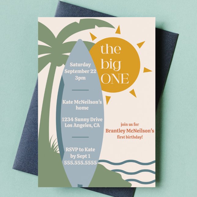 Invitation "La grosse vague" Fête de plage de surf 1er annive (the big one surfing birthday party invitation cute surf board ocean beach waves bday invite )