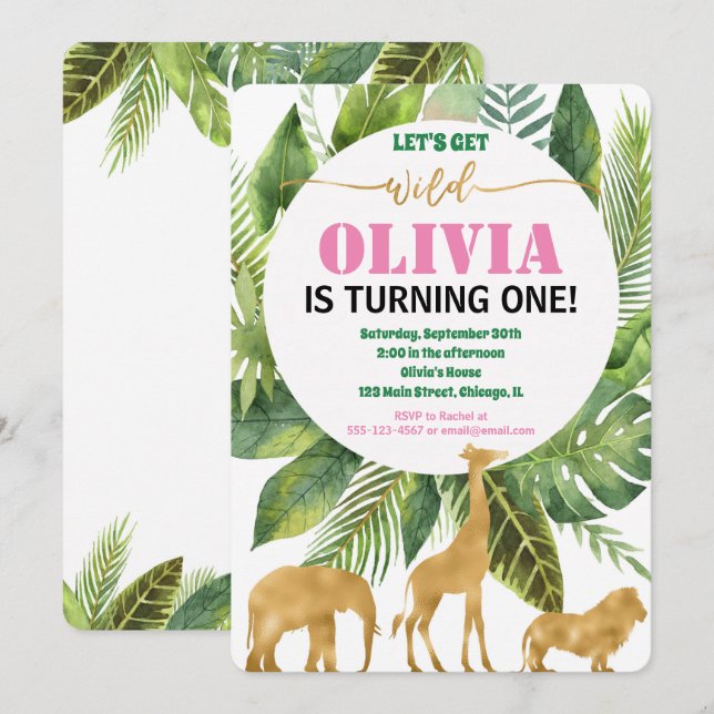 Invitation La jungle de Safari 1er anniversaire fille sauvage (Devant / Derrière)