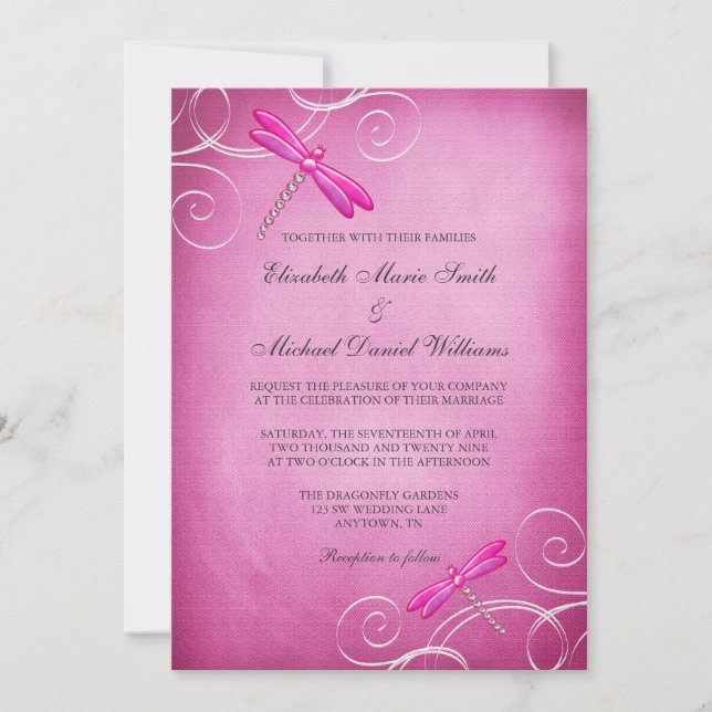Invitation La libellule rose tourbillonne mariage (Devant)