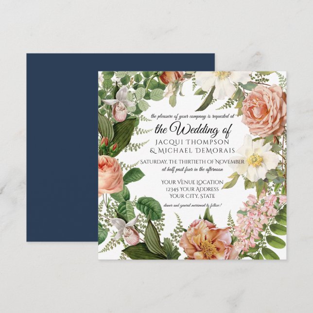 Invitation La marine rougissent le mariage floral botanique (Devant / Derrière)