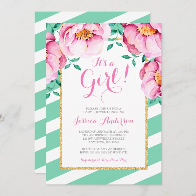 Invitation La menthe barre le baby shower floral d'aquarelle (Devant / Derrière)