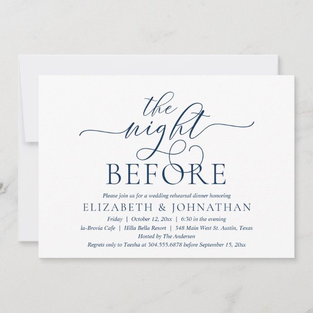 Invitation La Nuit Avant, Bleu Marine, Dîner de Répétition (Devant)