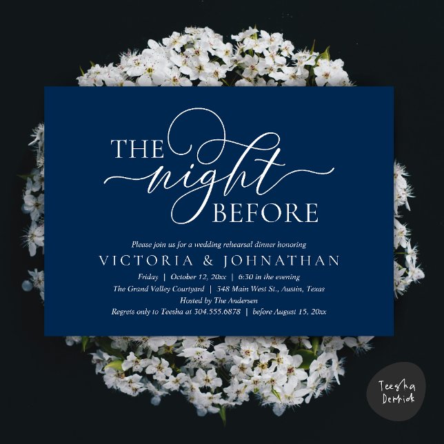 Invitation La Nuit Avant, Dîner de Répétition de Mariage (The Night Before, Wedding Rehearsal Dinner Party Classy Romantic Invitation Card PDF Navy Blue)