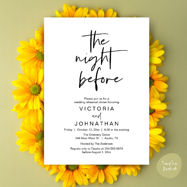 Invitation La Nuit Avant, Dîner de Répétition de Mariage (The Night Before, Wedding Rehearsal Dinner Party Invites Card PDF Romantic Modern Casual Black White)
