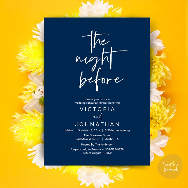Invitation La Nuit Avant, Dîner de Répétition de Mariage (The Night Before, Wedding Rehearsal Dinner Party Invites Card PDF Romantic Modern Casual Navy Blue)